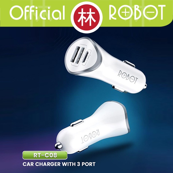 ROBOT RT-C08 Car Charger Colokan Mobil - 3 Port USB &amp; Type C 4.8A Max