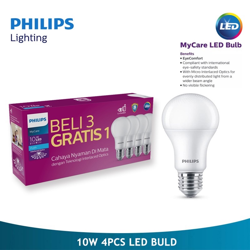 Philips Lampu LED Buld MultiPack MyCare 12W / 8W 10W  4PCS 6500K Putih