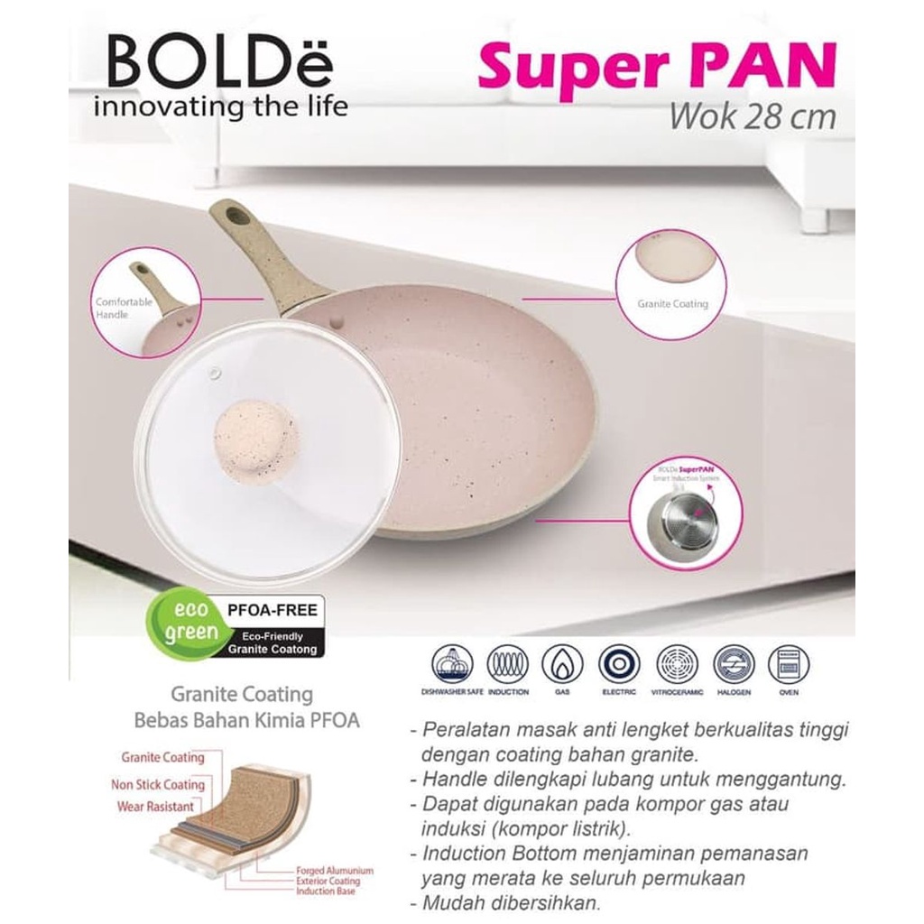 Wajan Tutup Kaca BOLDe Super Pan Wok Pan Granite 28 CM + LID Beige