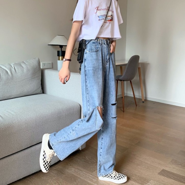 ripped jeans wanita high waist celana jeans loose Korea style PREMIUM IMPORT straight pants