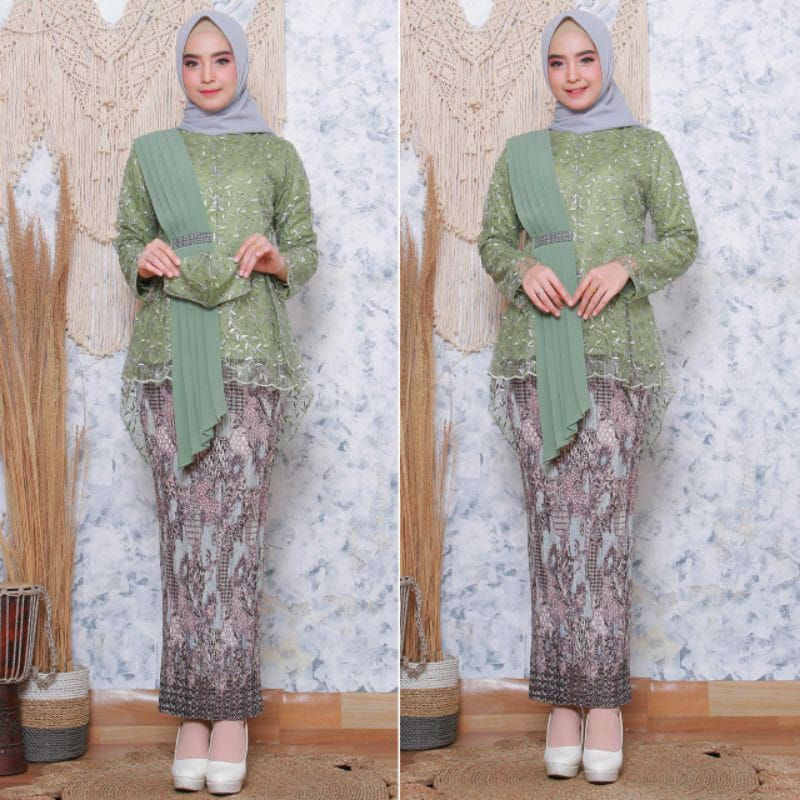 New kebaya tulle selendang maya ( free masker ) kebaya modern/kebaya kondangan/ baju kebaya/kebaya-Hijau army