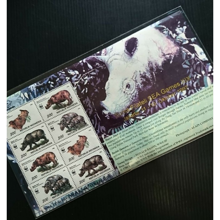 

Mini Sheet Prangko Perangko Indonesia seri wwf Badak cetak Tindih bursa Filateli Sea Games XIX