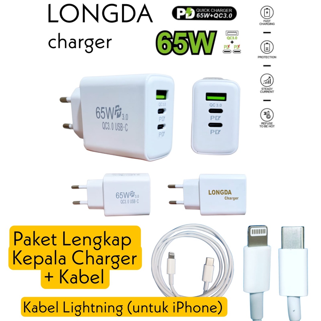 Paket Lengkap Adaptor Charger LONGDA Quick Charger QC 3.0 + dual PD 65 Watt dan Kabel