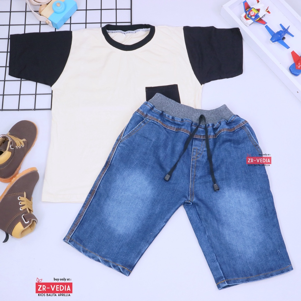 Setelan John Ethes uk 5-6 Tahun /  Set Lengan Pendek Anak Laki-Laki Celana Jeans Kantong Baju Oblong