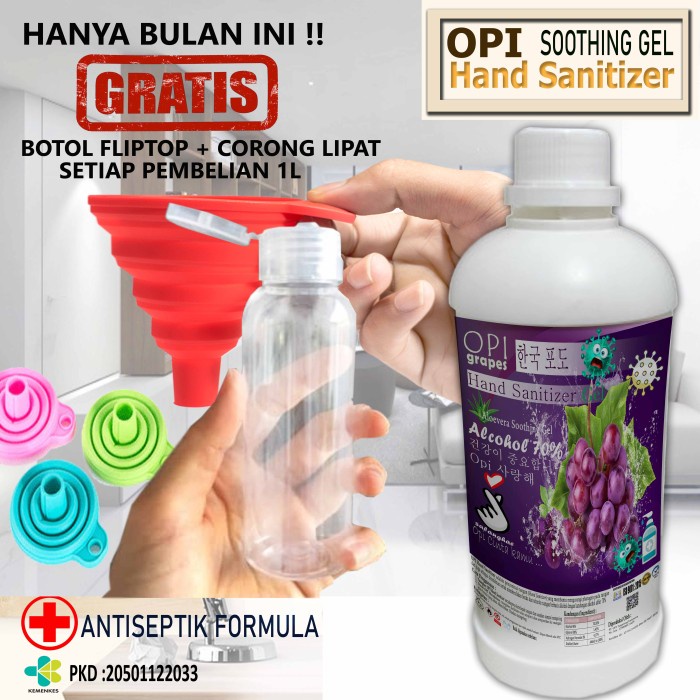 Hand Sanitizer Gel 1 Liter Anggur dll bonus Botol dan Corong cantik Promo berlaku hanya bulan ini saja, ayo buruan sebelum habis periode promo sudah ada izin edar resmi by Oke sabun suplayer