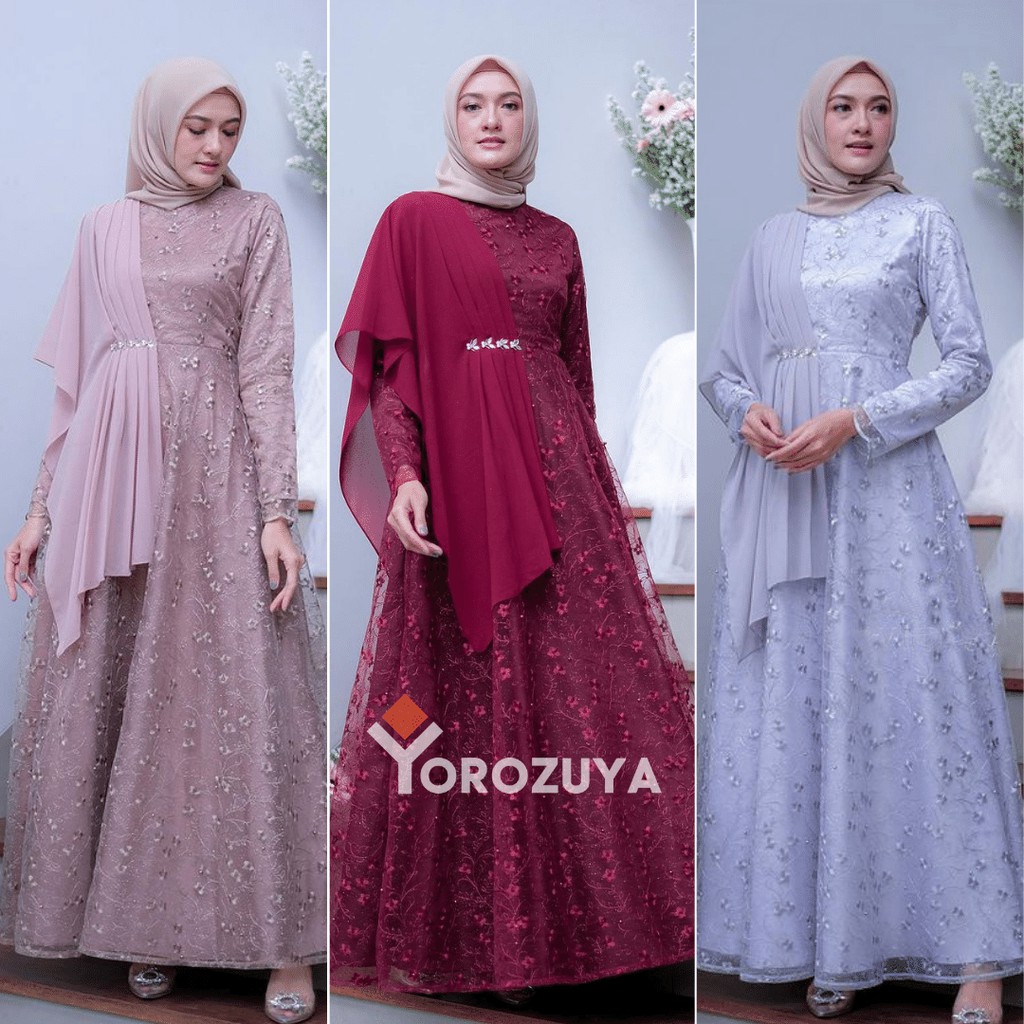 Gamis Modern Lebaran 2021, Gamis Brokat Raya, Dress Brokat Lebaran Terbaru