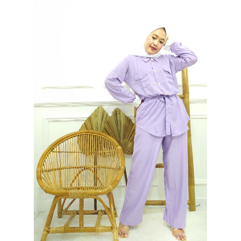 ESW ONE SET RAYON POLOS / SETELAN PAJAMAS LENGAN PANJANG RAYON CELANA KULOT LILAC OBI