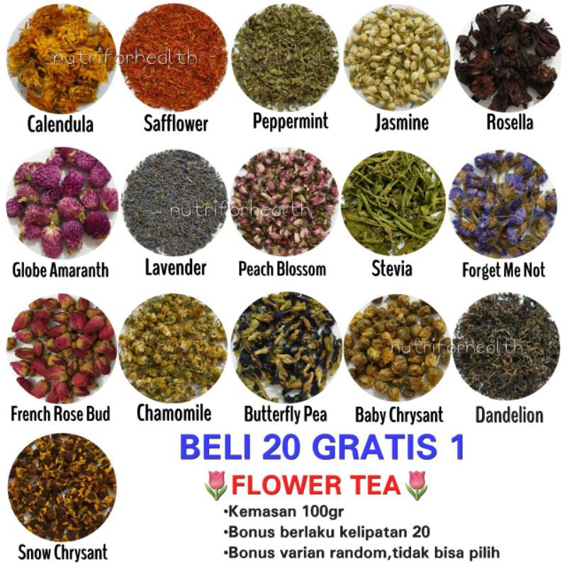 (20 FREE 1) 100gr Teh Bunga Flower Tea Chamomile | Telang | Peach Blossom | Lavender | Rose Bud