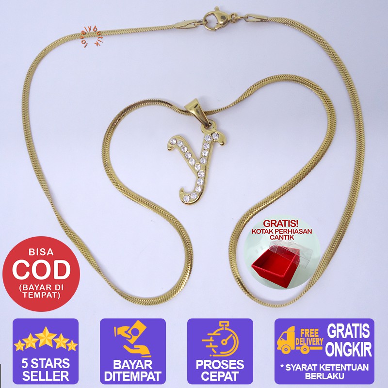 Lovelybutik Kalung Huruf Wanita Pria Titanium Anti Karat Inisial Y Uk 45 cm BONUS KOTAK PERHIASAN