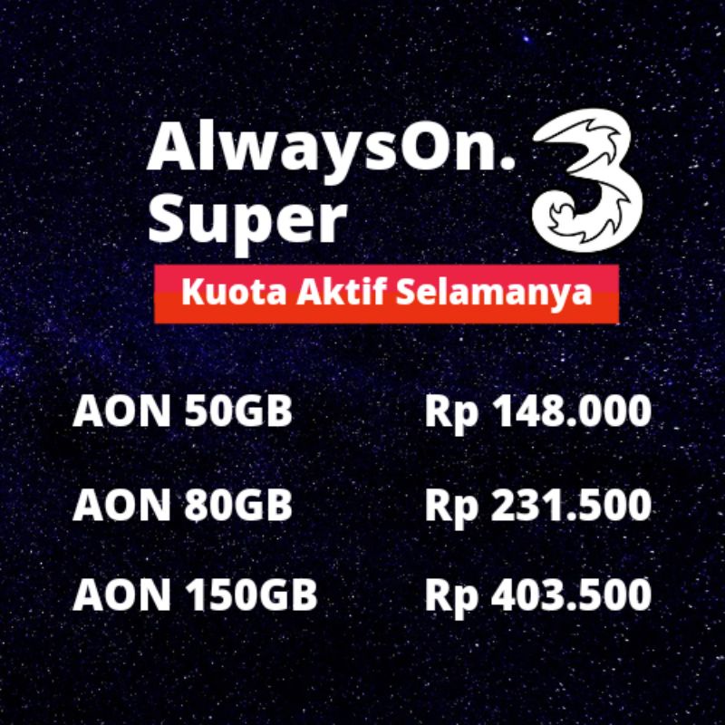 Isi Ulang Inject Kuota Tri AON 50GB 80GB 150GB Nasional