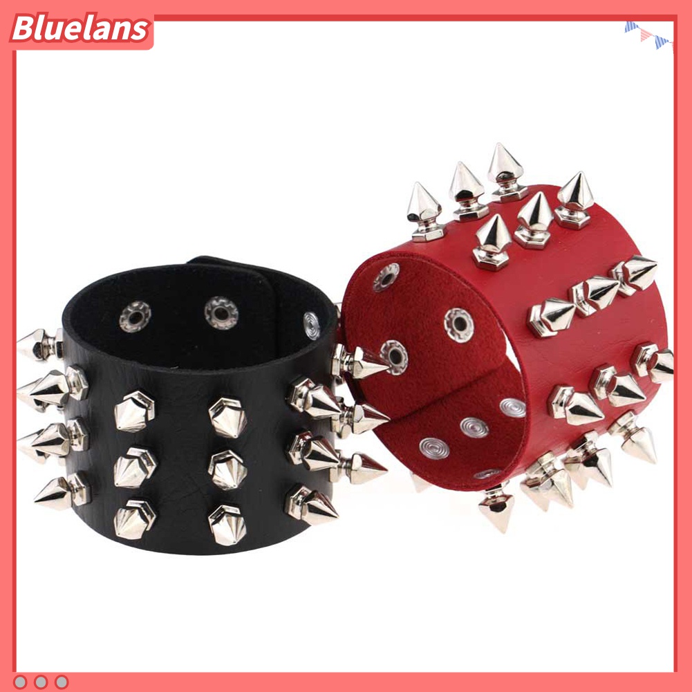 Bluelans Gelang Tangan Kulit Imitasi Aksen Rivet Kerucut Stainless Steel Gaya Punk Untuk Wanita
