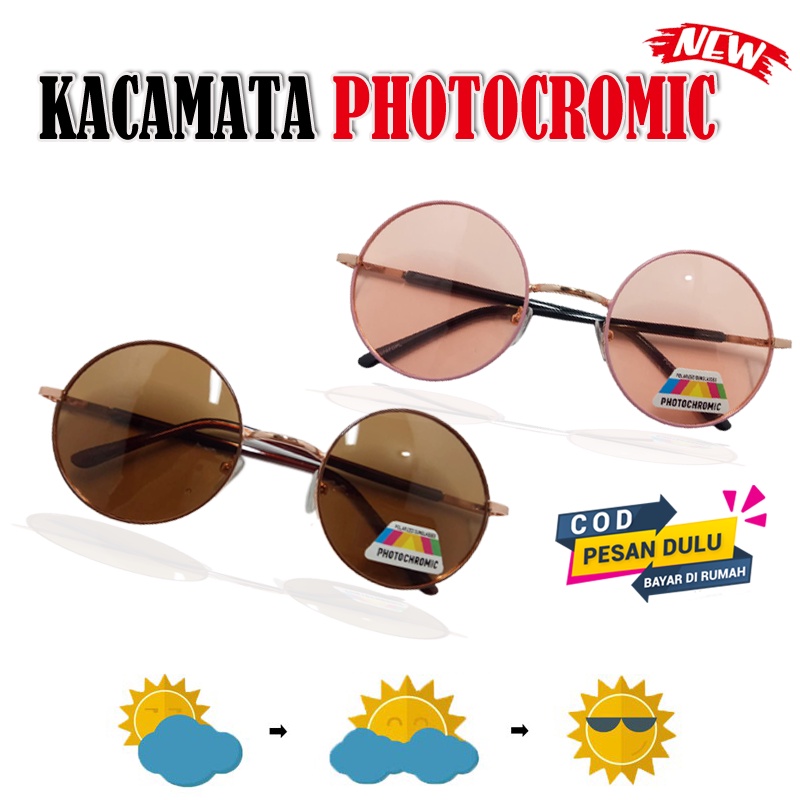 Kacamata Photocromic Wanita Pria Gratis Lensa Potokromik Berubah Warna Fotocromic Frame Bulat Round