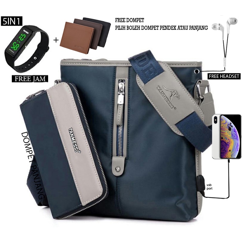 TANMESSO 5in1 BAYAR DITEMPAT- JAM LED -HEADSET- DOMPET -USBPORT -TAS WATERPROOF-BAHAN INTERPILAR SENDIRI LEMBUT DAN TEBAL MENGANDUNG 70%COTTON BUKAN PARASUT ATAU KANVAS SEPERTI YANG BEREDAR DIPASARAN-TAS SELEMPANG PRIA-SLING BAG PRIA