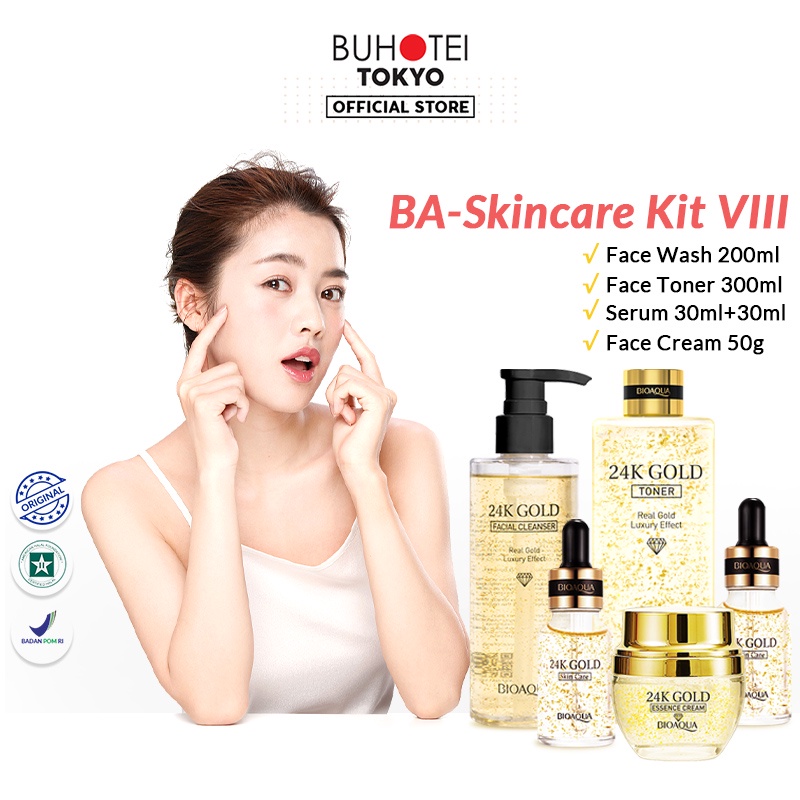 BUHOTEI Bioaqua 24K Gold Skin Care BPOM Skincare Paket Lengkap Whitening dan Brightening Essence Cream Skin Barrier & Gentle Cleanser & Exfoliating Toner & Hydrating Serum Skincare Untuk Kulit Berminyak Acnes Menghilangkan Bekas Jerawat Oil Control-BA-Skincare Kit VIII