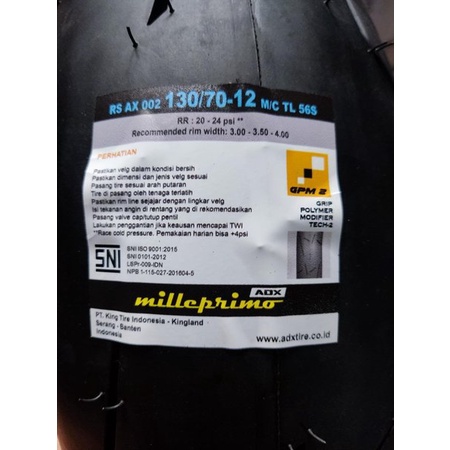 ADX Milleprimo 130 70 12 soft compound balap racing TL Tubless Ban scoopy pengganti MA-R1