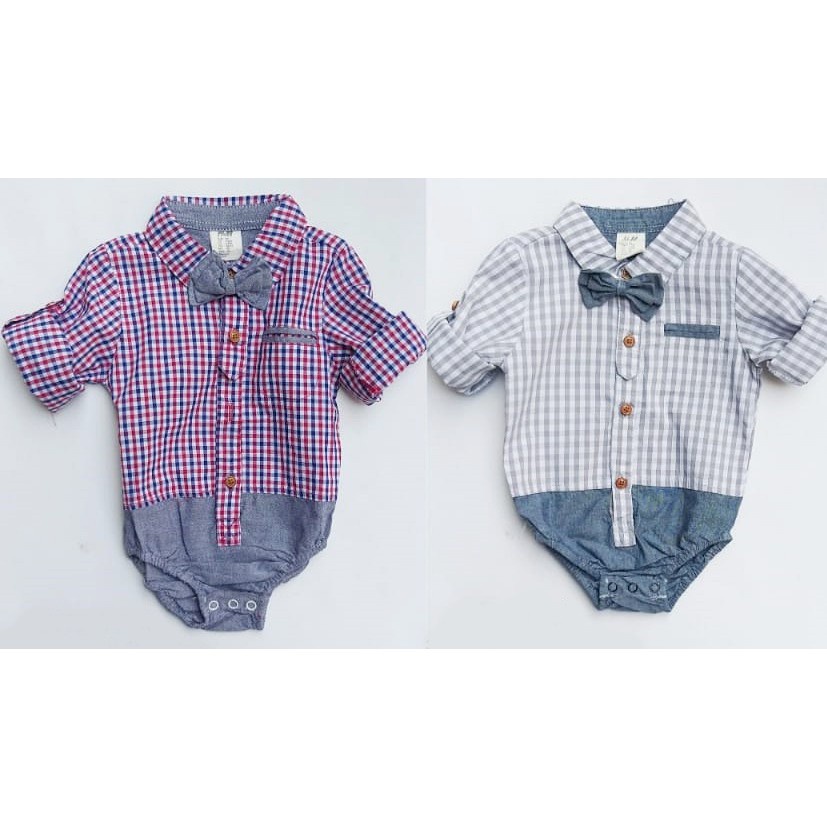 Kemeja Jumper+Dasi Bayi Laki Kotak 3W/ Kemeja Anak Bayi Import/ Baju Bayi Laki