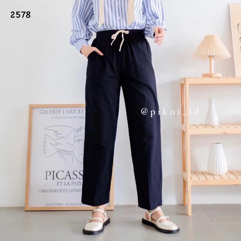 Celana putih murah / jogger pants tali katun linen / celana joger panjang celana panjang santai 2578