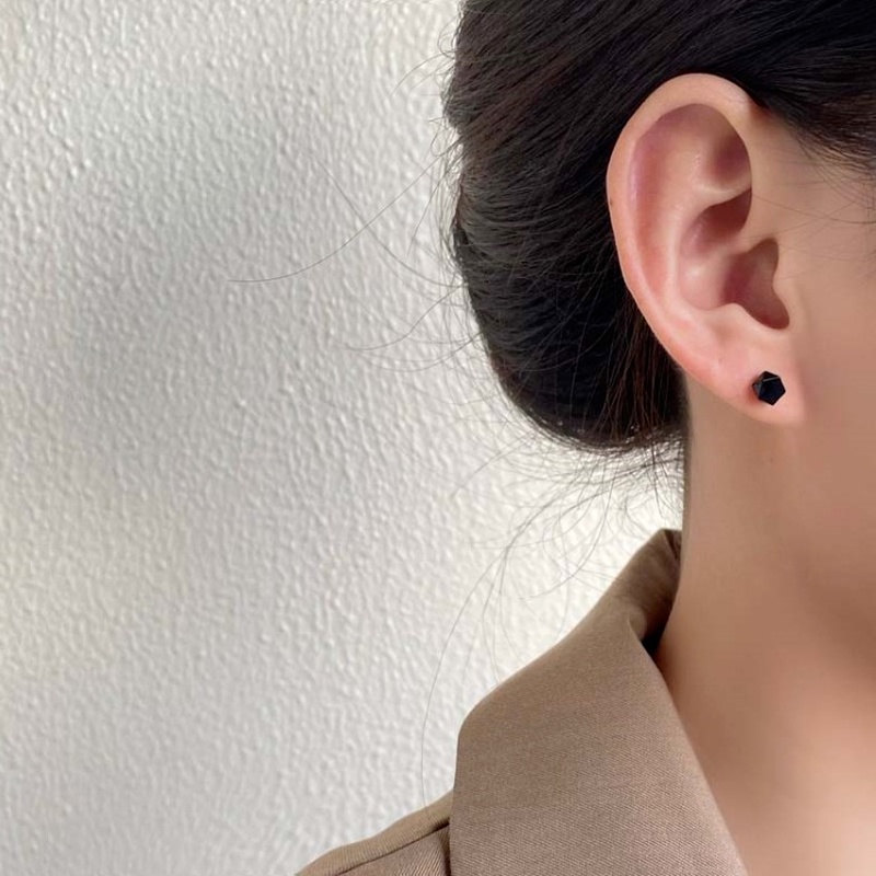 Roselife S925 Unisex Silver Black Geometric Polygon Tiny Stud Earrings for Women Men Ear Jewelry 1 Pair