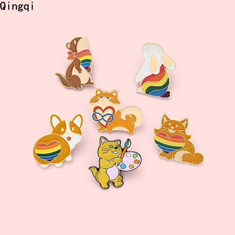 Bros Pin Enamel Bentuk Kartun Hewan Kucing Kelinci Corgi Tupai Warna Pelangi Untuk Hadiah