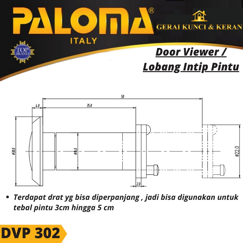 LUBANG PINTU INTIP  PALOMA DOOR VIEWER DVP 302 DELUXE SATIN NICKEL 130 DERAJAT