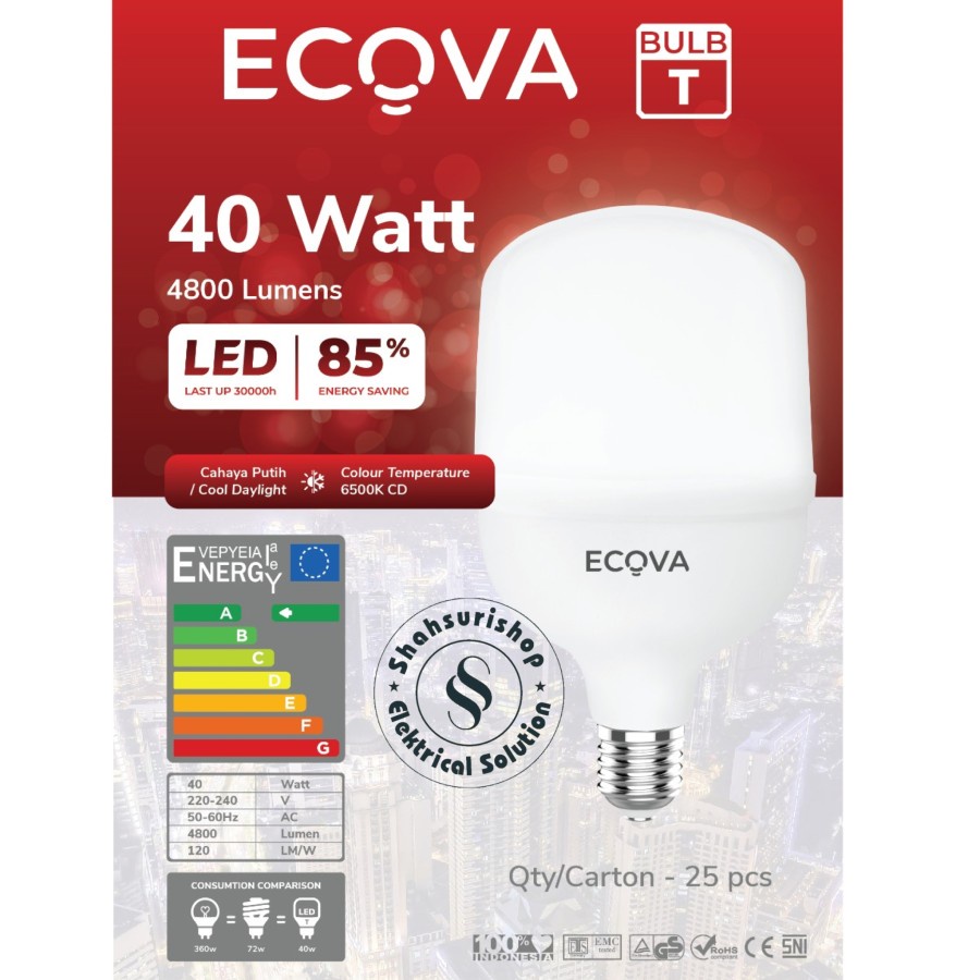 LED BULB ECOVA JUMBO 40WATT 40 WATT T SERIES GARANSI 3 TAHUN SNI