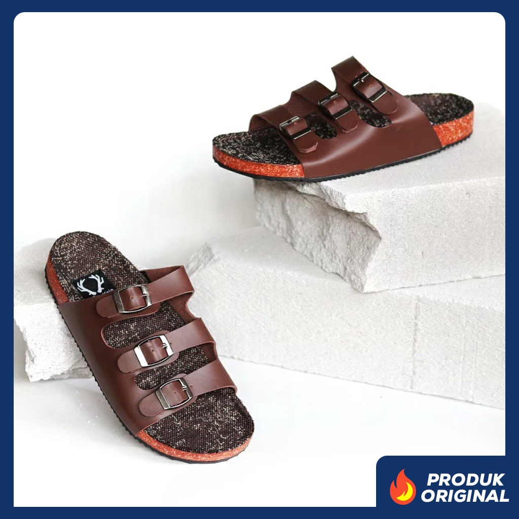 KENICHI III BROWN x KOJO Sandal Casual Coklat Pria Sendal Slide Jalan Santai Harian Hangout Main Slop Kerja Formal Kondangan Lebaran Selop Remaja Dewasa Bapak Bapak Orang Tua Semi Kulit Premium Distro 03 Footwear Ban Tali 3 Strap Keren Terbaru Kekinian