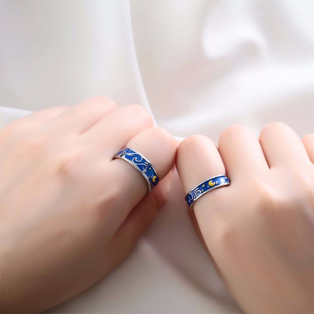 Needway  Romantic Open Rings Vintage Moon Starry Night Couple Rings Matching Lovers Van Gogh Starry Sky Men Silver Color Adjustable Fashion Jewelry