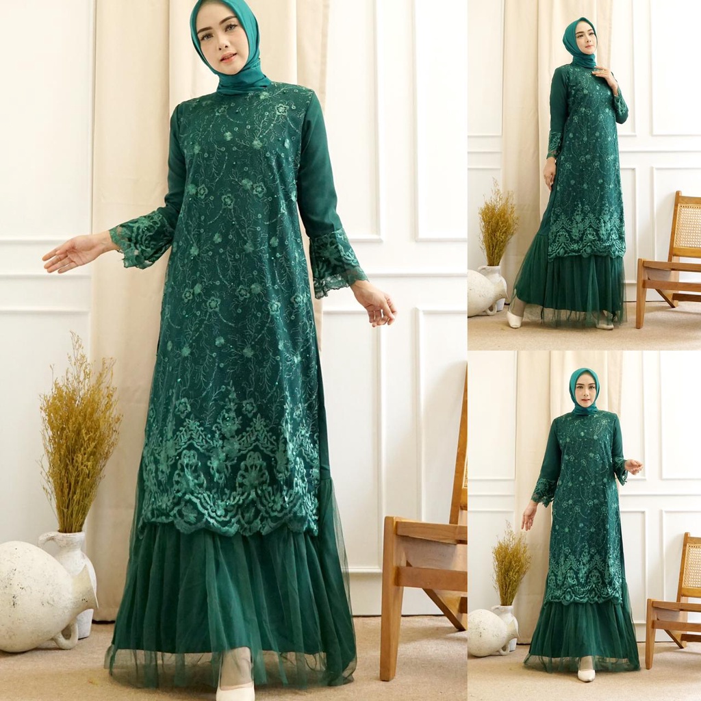 GAMIS NAZWA MAXI PESTA BRUKAT TILLE / GAMIS BROKAT TILE / GAMIS KONDANGAN / GAMIS LEBARAN / MAXI DRESS MUSLIM / FASHION MUSLIM / LONGDRESS BRUKAT TULLE / GAMIS SIZE M L XL!!!!!