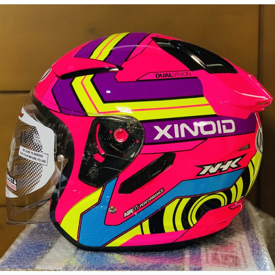 Helm NHK R1 Xinoid Pink Fluo Purple Yellow Double Visor Half Face - Helem Motor SNI DOT Touring Dewa