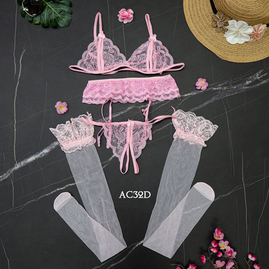 [SIAP KIRIM] GARTER BELT + CD G STRING BRA SET + STOCKING SEXY SOFT PINK AC32D