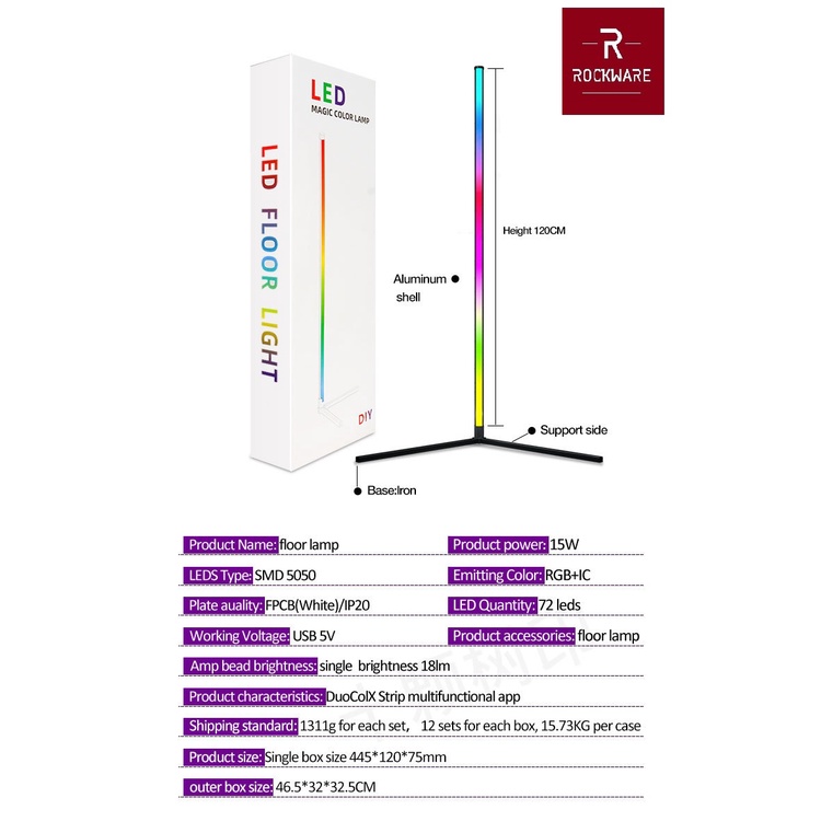 ROCKWARE LED RGB Magic Color Corner Standing Floor Lamp 1.2M 72LED 15W