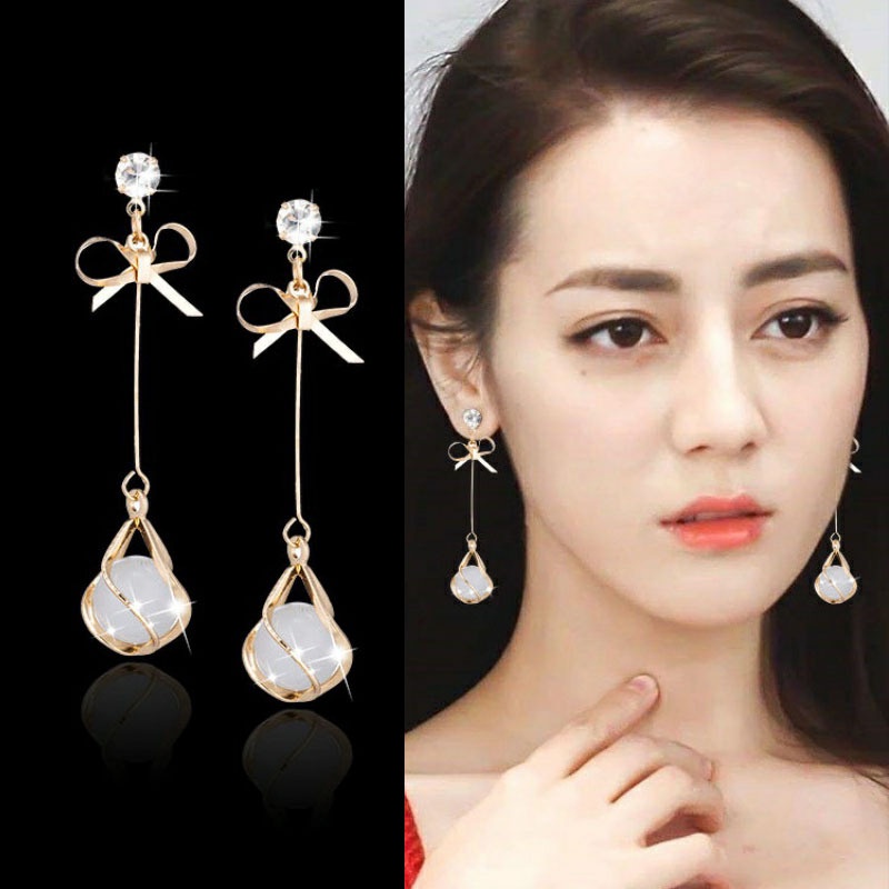 Anting Rumbai Panjang Desain Pita Opal Bahan 925 Silver Needle Gaya Korea Untuk Wanita