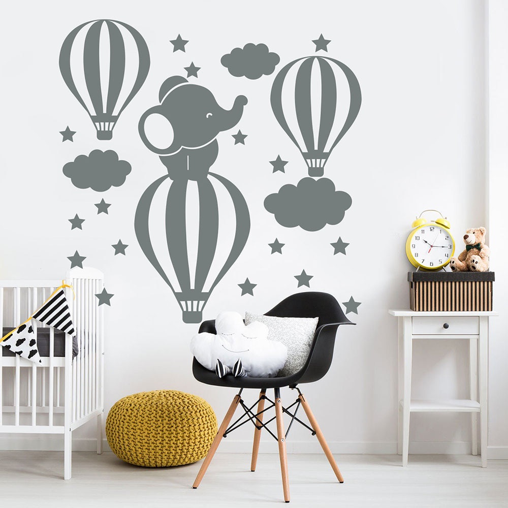 Stiker Dinding Kamar Tidur Anak Elephant Wall Decal Air Balloon Cloud Stars Cartoon Art Vinyl Window