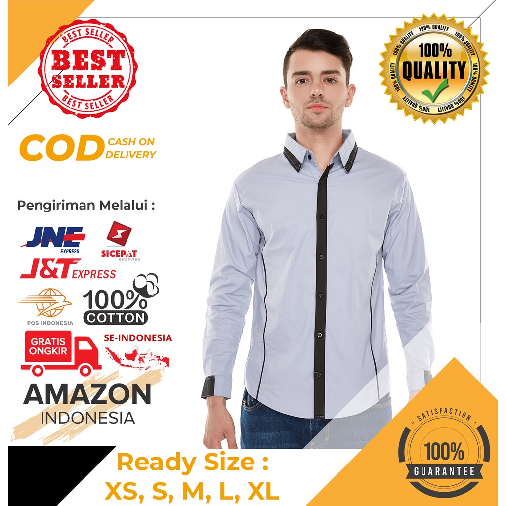 HEM PRIA HEM KEMEJA KERJA LENGAN PANJANG POLOS WARNA GREY ABU KASUAL KAIN KATUN PREMIUM BEST QUALITY