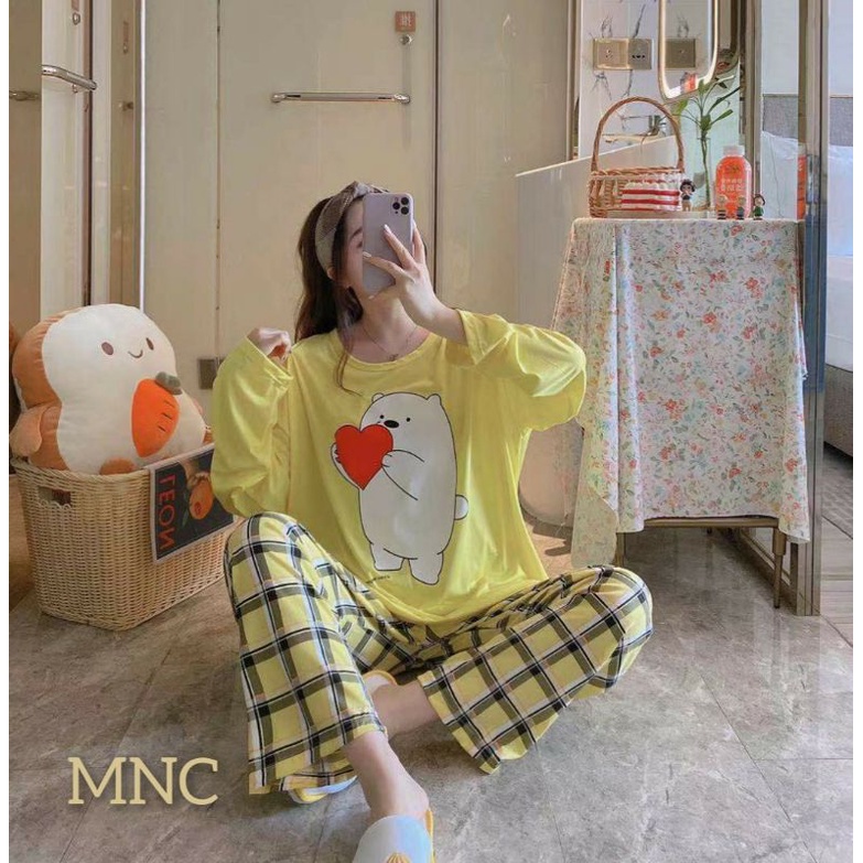 PIYAMA PP WANITA IMPORT SPANDEX|BIGSIZE|JUMBO/SET OVERSIZE/BAJU TIDUR lengan panjang-PP.BZ BEAR LOVE