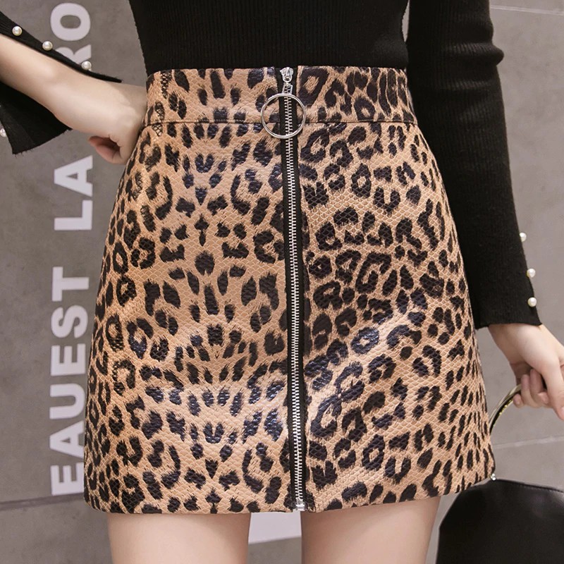 INDORETAIL | Rok Wanita 2018 Fashion Ritsleting PU Kulit Rok High Waist Sexy Mini Leopard Rok