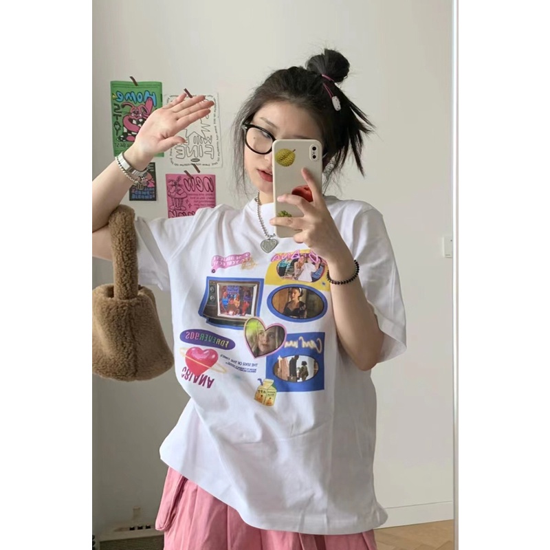 EUNII T-shirt Lengan Pendek Angka Pencetakan Longgar Korean Style/Kaos Atasan Wanita/Baju Kaus Oversize Wanita