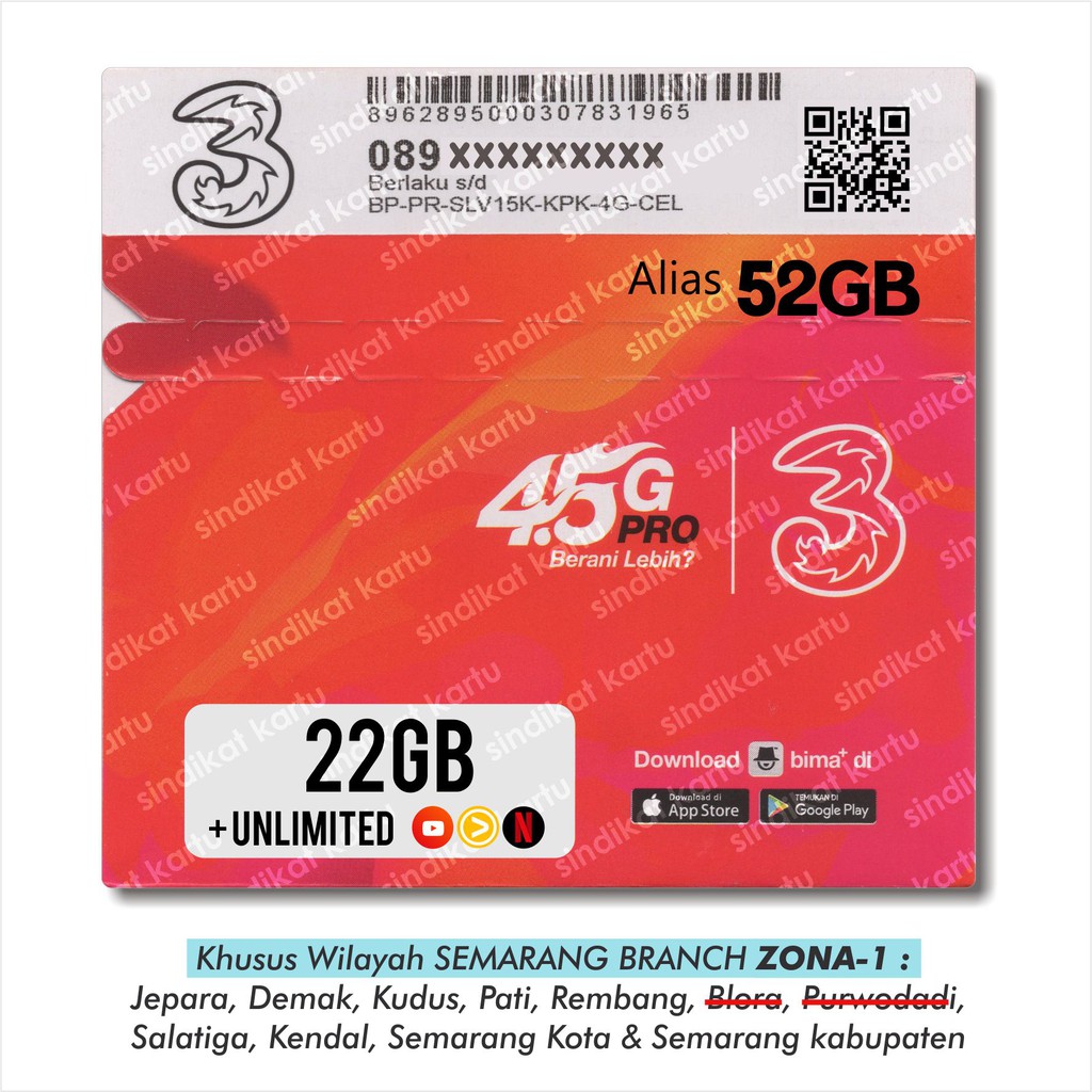 Kartu Perdana Tri UNLIMITED 22GB / 52GB 30Hari (Branch Semarang ZONA1)