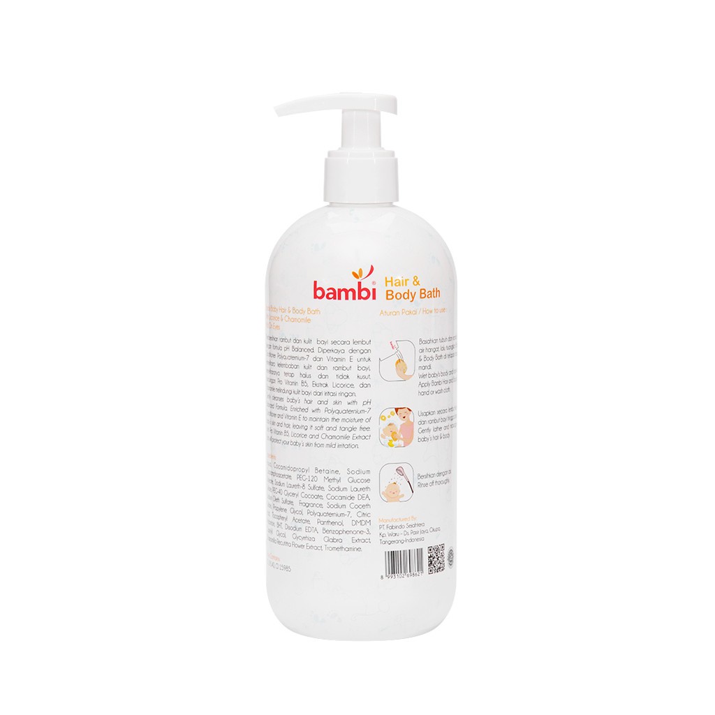 Bambi Baby Hair &amp; Body Bath 2in1 Pump Perawatan Rambut &amp; Sabun Mandi Bayi 500ml