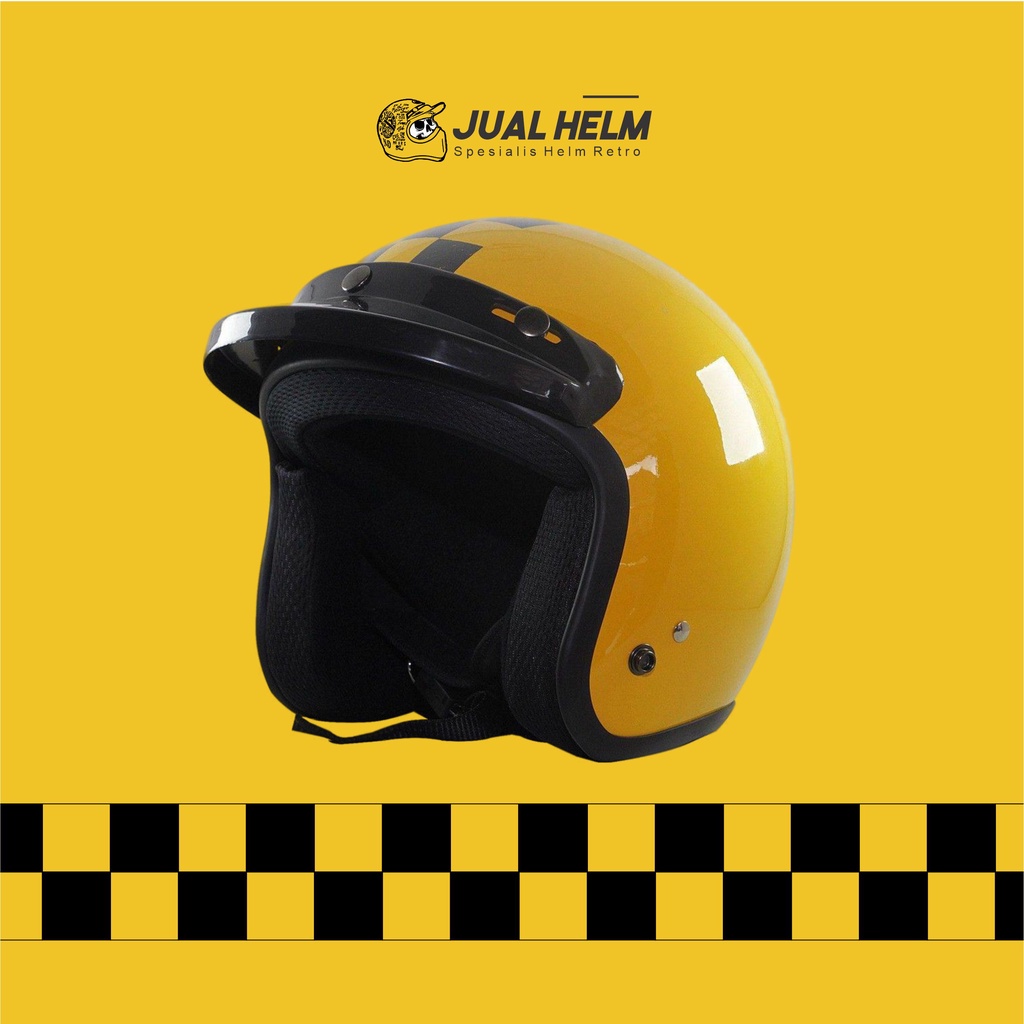 Helm Retro SADA Checkered Yellow ( Helm Classic / Helm Klasik / Helm Bogo / Helm Vespa )