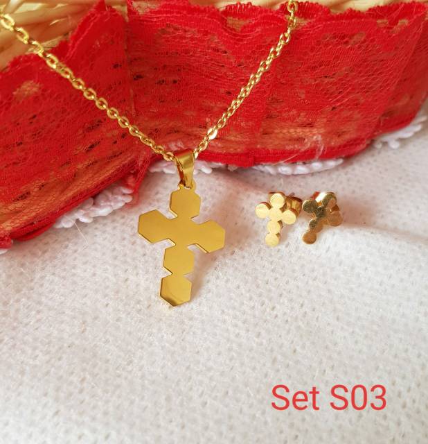 SET Kalung &amp; Anting Salib Titanium Import Antikarat Selamanya