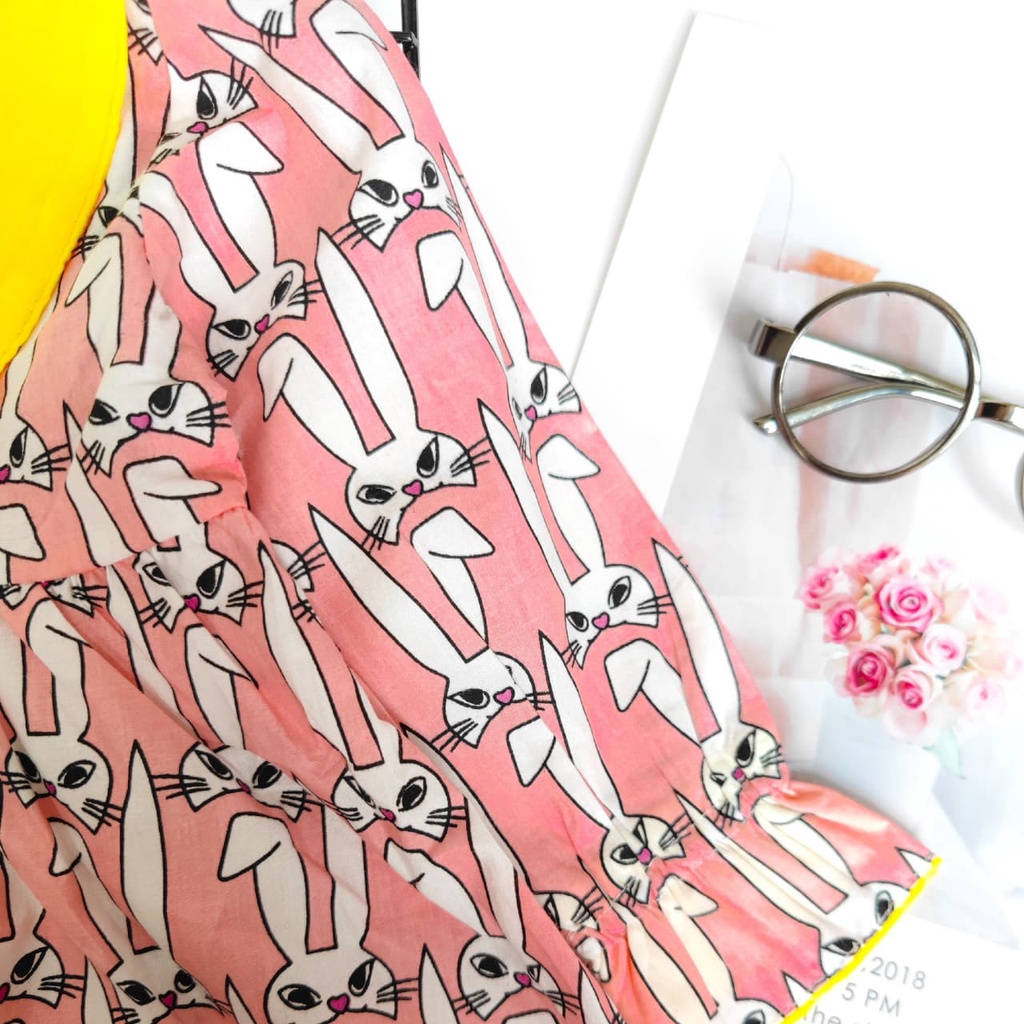 Promo !! Dress anak cewek imut / dress many angry rabbit  import ukuran 1-2tahun (pink kuning)