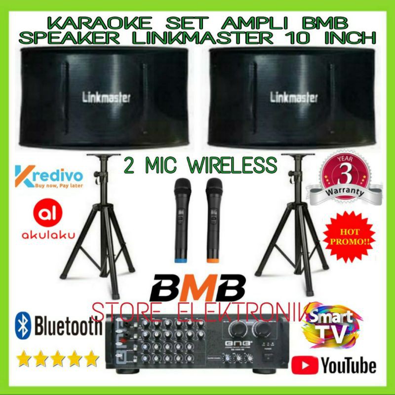 Karaoke Set Smart Tv Youtube / Ampli BMB Bluetooth / Speaker Linkmaster 10 Inch / 2 Mic Wireless