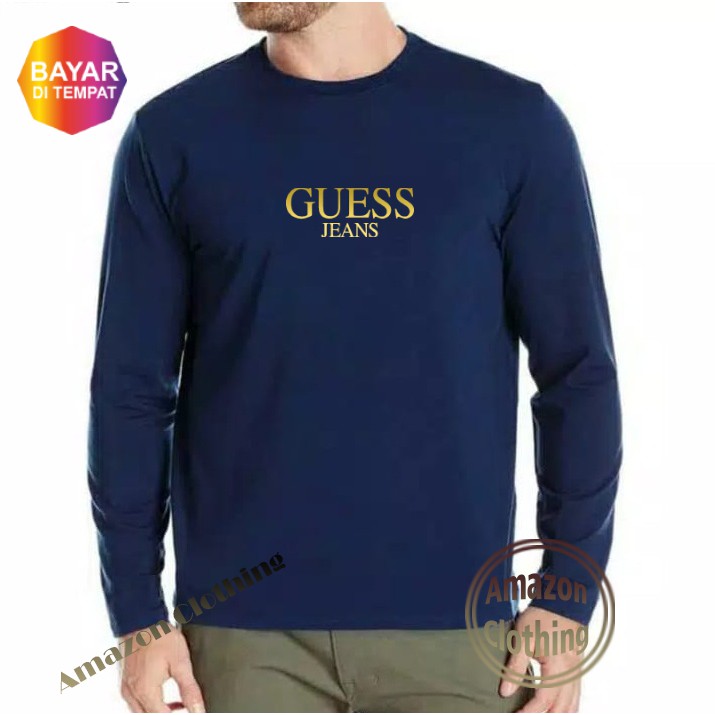 Amazon Clothing Kaos Distro Lengan Panjang Guess Premium Text Gold T-Shirt Pria Wanita
