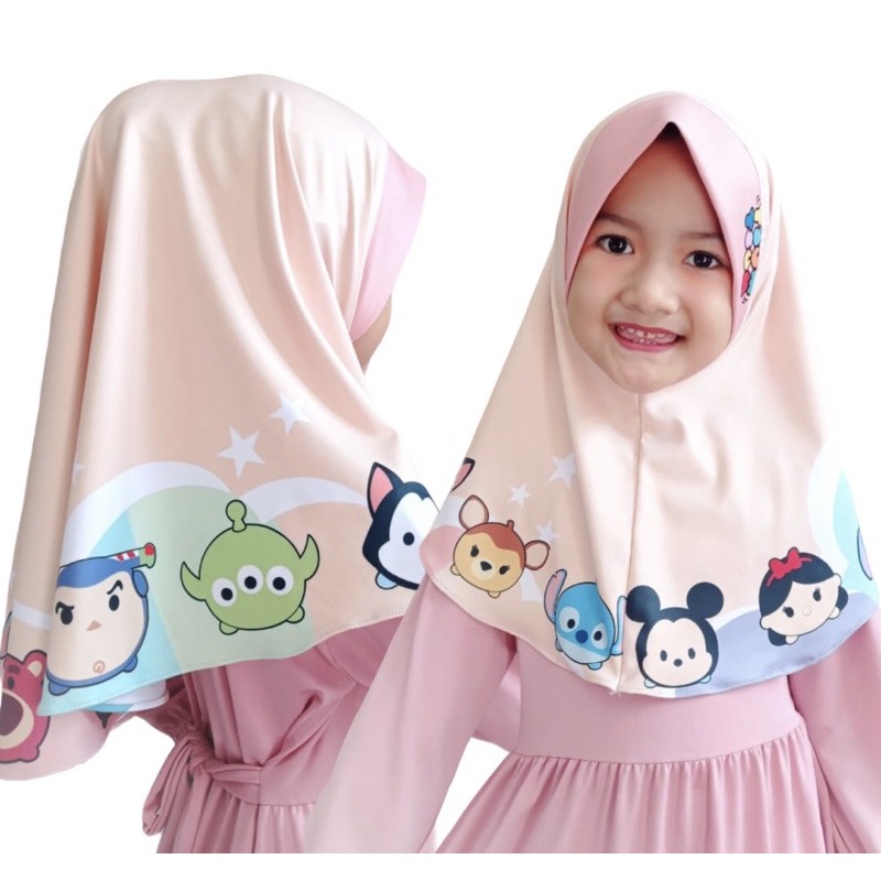 hijab instant anak TSUM-TSUM, hijab karakter , bergo anak , hijab instant printing