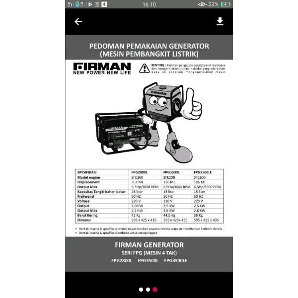 Generator  genset Firman FPG 3500 L. 2.800 watt