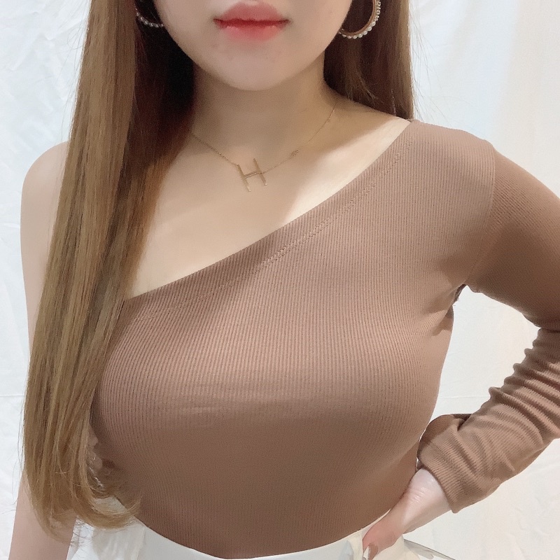 Long Sleeve Wrinkle Side One Shoulder Knit Top | Kaos Atasan Wanita Lengan Panjang Tali Serut Korean Fashion | Maimon Grosir