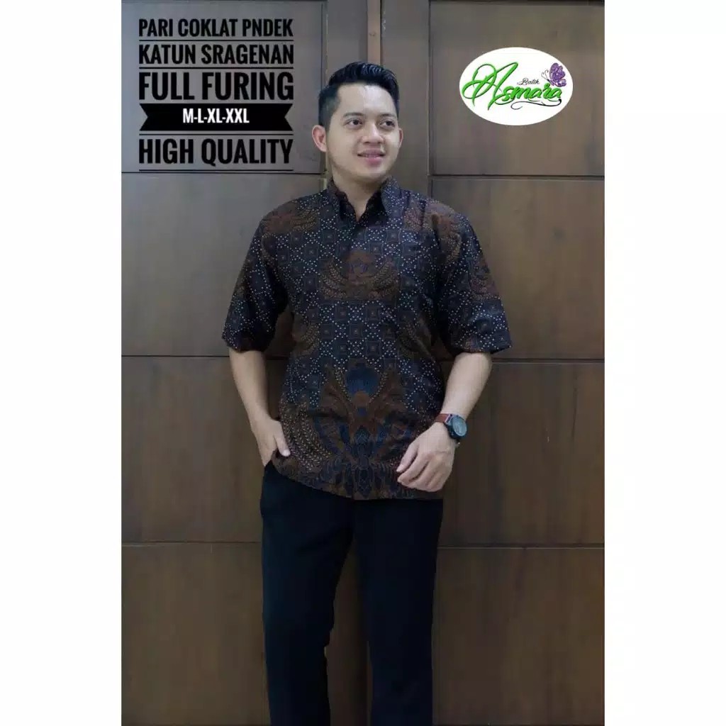 Kemeja Batik Pria Lapis Furing Reguler Fit Katun Pari Coklat Pendek Batik Solo