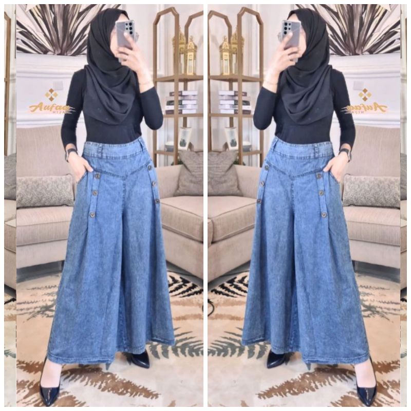 Kulot Wanita Kekinian Jeans Washed Premium / Kulot Jeans Jumbo-Blue.