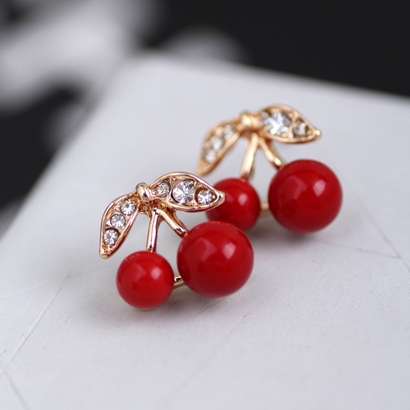 Japanese style cute red cherry stud anting-anting berlian imitasi anting-anting Dongdaemun ornamen a